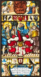 Wappenscheibe Basler Fürstbischof Jakob Christoph Blarer von Wartensee mit hl. Kaiser Heinrich II. und hl. Pantalus