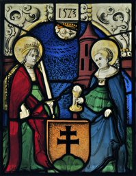 Figurenscheibe mit den Heiligen Katharina (?) und Barbara sowie unbekanntem Wappen (Kloster Königsfelden?)