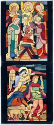 Nativité et Bergers (parties inférieures du vitrail consacré aux Rois mages, la Nativité et les bergers)