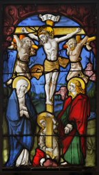 Bildscheibe mit Christus am Kreuz, Maria und Johannes