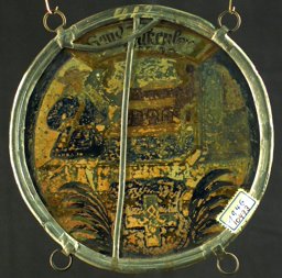 Runde Bildscheibe mit Büchsenschützen und Wappen