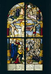 Dreiteiliges Glasgemälde Basler Fürstbischof Melchior von Lichtenfels und Basler Domkapitel mit Kreuzigung Christi (Karfreitagsbild, Osterbild)