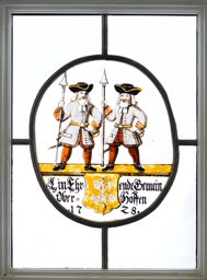 Ovale Gemeindescheibe Oberhofen mit zwei Infanterie-Offizieren