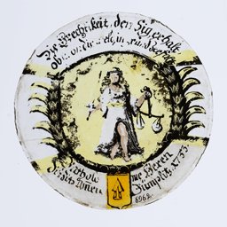 Runde Monolithscheibe mit Justitia und Wappen Bartholomäus Herren