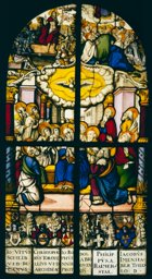 Dreiteiliges Glasgemälde Basler Fürstbischof Melchior von Lichtenfels und Basler Domkapitel mit Ausgiessung des Heiligen Geistes (Pfingstbild)