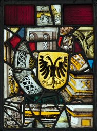 Fragmentscheibe 15./16. Jahrhundert · Vitrail composés de fragments provenant en partie des vitraux d’Agnus Drapeir dans la collégiale de Romont