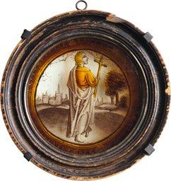 Figurenscheibe um 1520: Hl. Philippus · Rondel à la grisaille avec cadre en bois, représentant l’apôtre saint Philippe