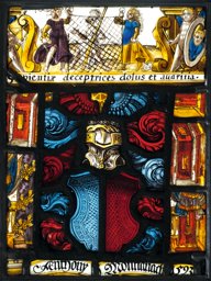 Zusammengesetzte Scheibe mit Wappen und Inschrift von Montenach 1593 · Vitrail composé de fragments aux armoiries de Montenach
