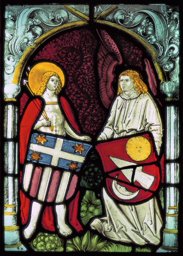 Figurenscheibe 1517: Hl. Sebastian und Engel mit zwei unbekannten Wappen