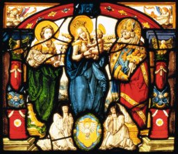 Figurenscheibe um 1630: Muttergottes zwischen den Heiligen Nikolaus und Katharina
