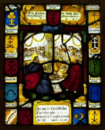 Kompositscheibe mit Jesus und der Samariterin am Brunnen sowie Wappen von Ratsmitgliedern Ermatingens
