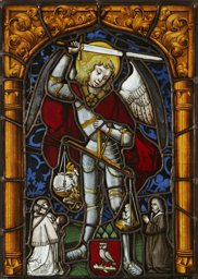 Bildscheibe mit Erzengel Michael als Seelenwäger und unbekanntem Wappen