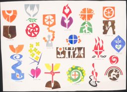 Collage mit Osterkerzensignets und Jahresthemen-Symbolen von St. Galler Kirchgemeinden